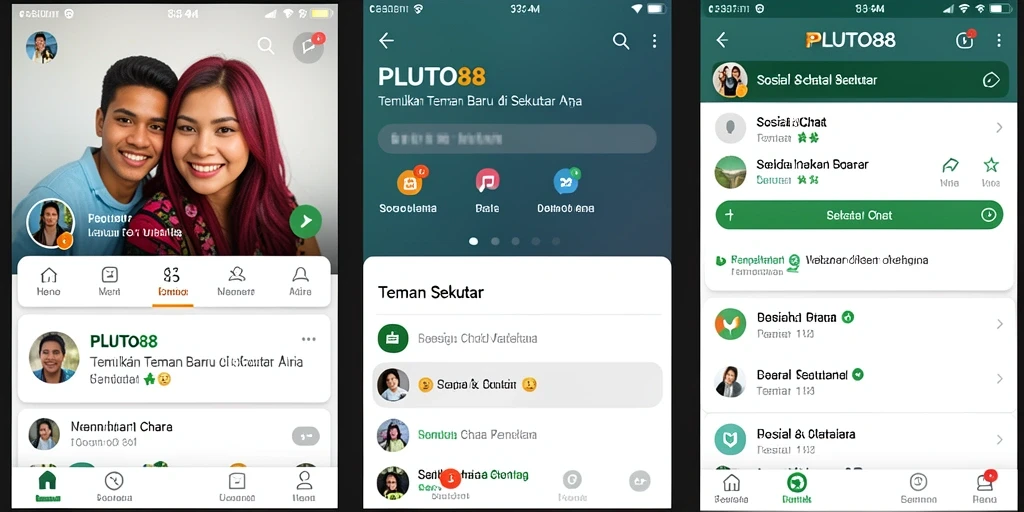 Tampilan antarmuka aplikasi PLUTO88 untuk menemukan teman sekitar.